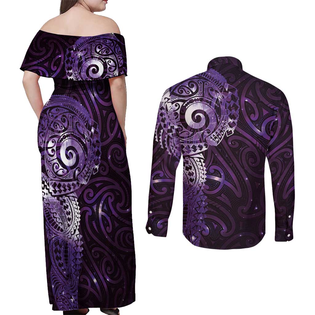 Matariki New Zealand Maori Koru Art Tattoo Couples Matching Off Shoulder Maxi Dress and Long Sleeve Button Shirt New Year Galaxy Purple Sky Style LT03 - Polynesian Pride
