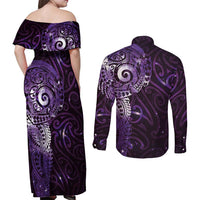 Matariki New Zealand Maori Koru Art Tattoo Couples Matching Off Shoulder Maxi Dress and Long Sleeve Button Shirt New Year Galaxy Purple Sky Style LT03 - Polynesian Pride