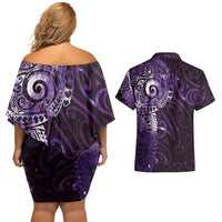 Matariki New Zealand Maori Koru Art Tattoo Couples Matching Off Shoulder Short Dress and Hawaiian Shirt New Year Galaxy Purple Sky Style LT03 - Polynesian Pride