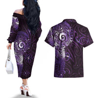 Matariki New Zealand Maori Koru Art Tattoo Couples Matching Off The Shoulder Long Sleeve Dress and Hawaiian Shirt New Year Galaxy Purple Sky Style LT03 - Polynesian Pride