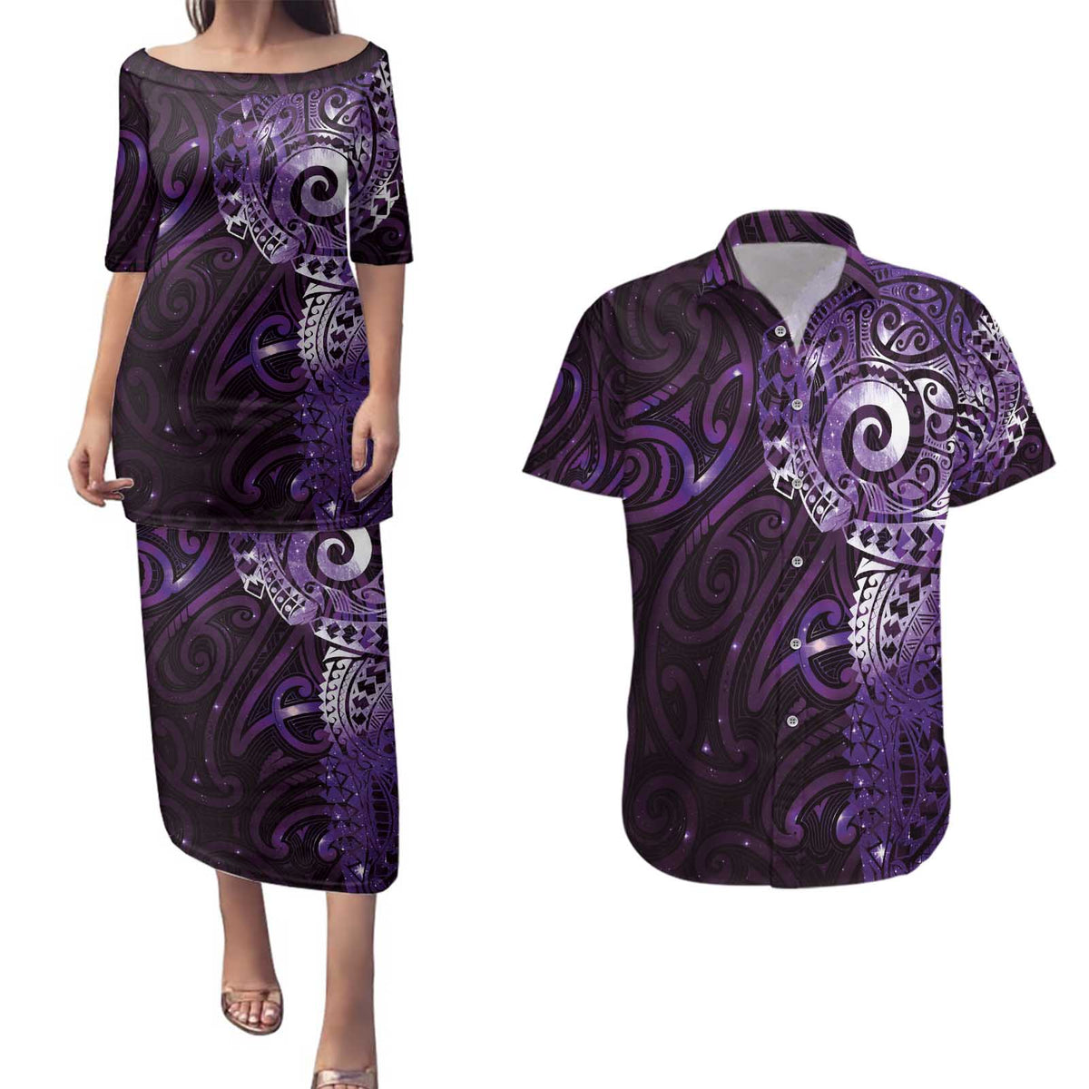 Matariki New Zealand Maori Koru Art Tattoo Couples Matching Puletasi and Hawaiian Shirt New Year Galaxy Purple Sky Style LT03 Purple - Polynesian Pride