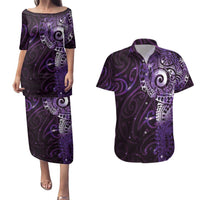 Matariki New Zealand Maori Koru Art Tattoo Couples Matching Puletasi and Hawaiian Shirt New Year Galaxy Purple Sky Style LT03 Purple - Polynesian Pride
