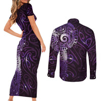 Matariki New Zealand Maori Koru Art Tattoo Couples Matching Short Sleeve Bodycon Dress and Long Sleeve Button Shirt New Year Galaxy Purple Sky Style LT03 - Polynesian Pride