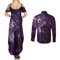 Matariki New Zealand Maori Koru Art Tattoo Couples Matching Summer Maxi Dress and Long Sleeve Button Shirt New Year Galaxy Purple Sky Style LT03 - Polynesian Pride