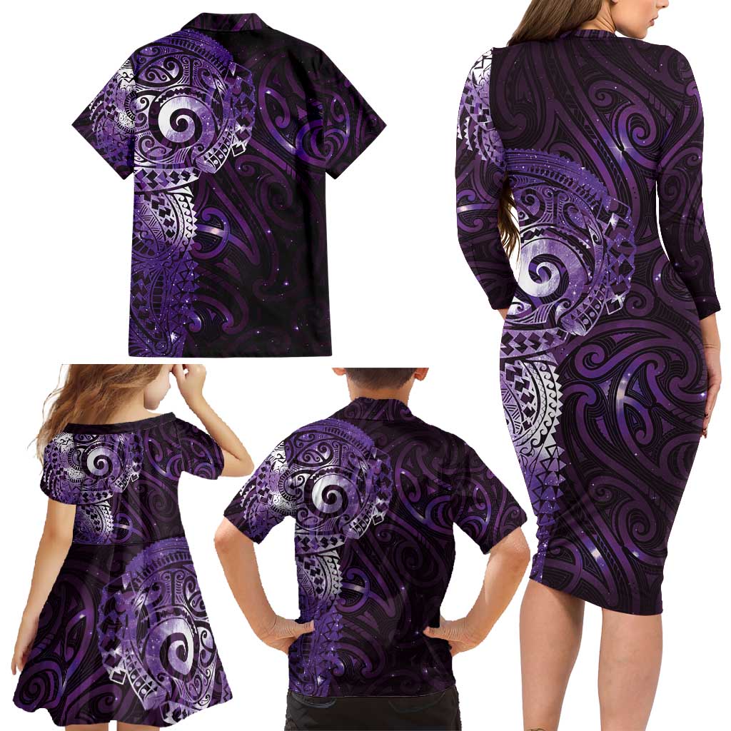 Matariki New Zealand Maori Koru Art Tattoo Family Matching Long Sleeve Bodycon Dress and Hawaiian Shirt New Year Galaxy Purple Sky Style LT03 - Polynesian Pride