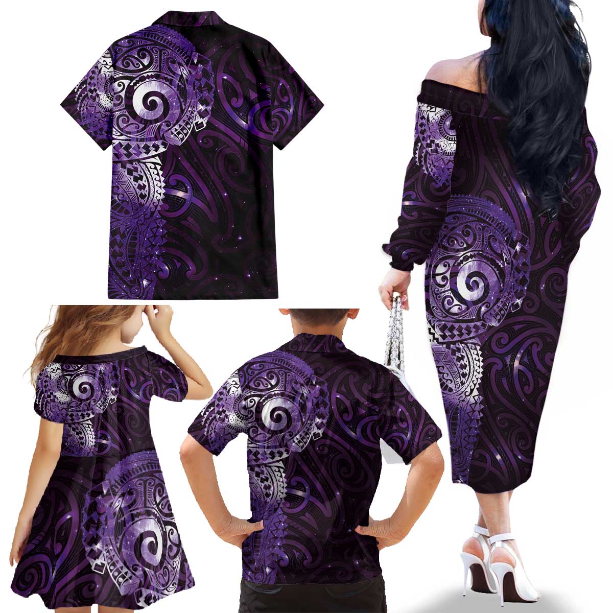 Matariki New Zealand Maori Koru Art Tattoo Family Matching Off The Shoulder Long Sleeve Dress and Hawaiian Shirt New Year Galaxy Purple Sky Style LT03 - Polynesian Pride