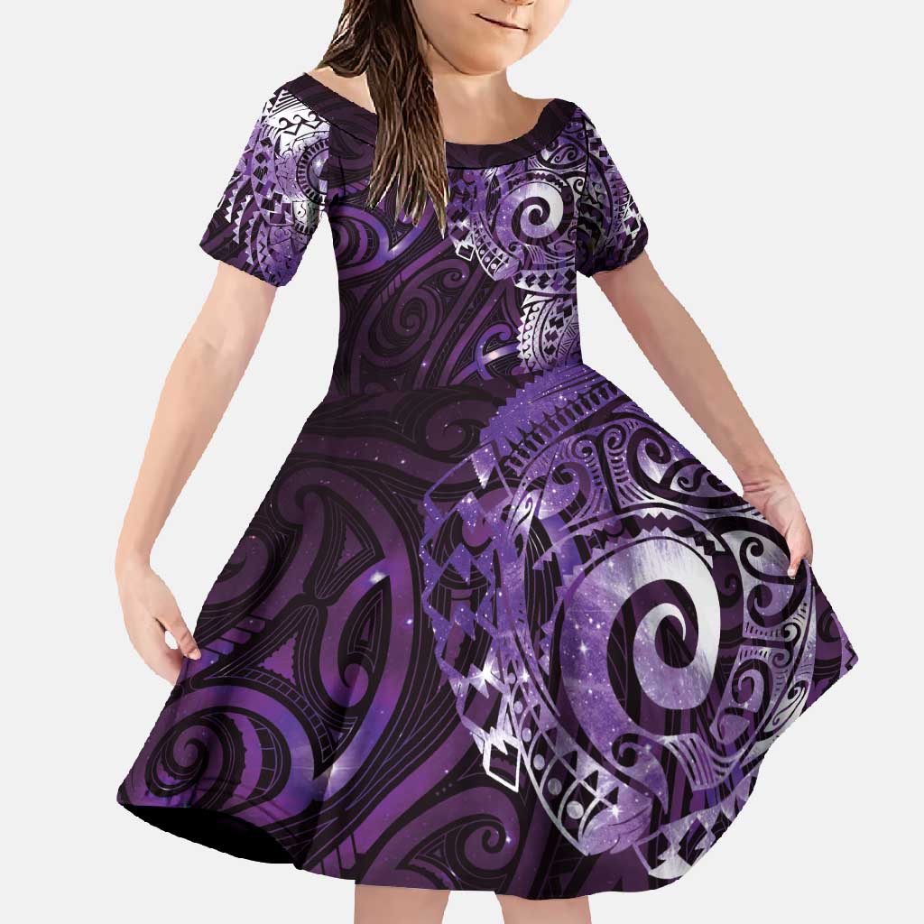 Matariki New Zealand Maori Koru Art Tattoo Family Matching Off Shoulder Maxi Dress and Hawaiian Shirt New Year Galaxy Purple Sky Style LT03 Daughter's Dress Purple - Polynesian Pride