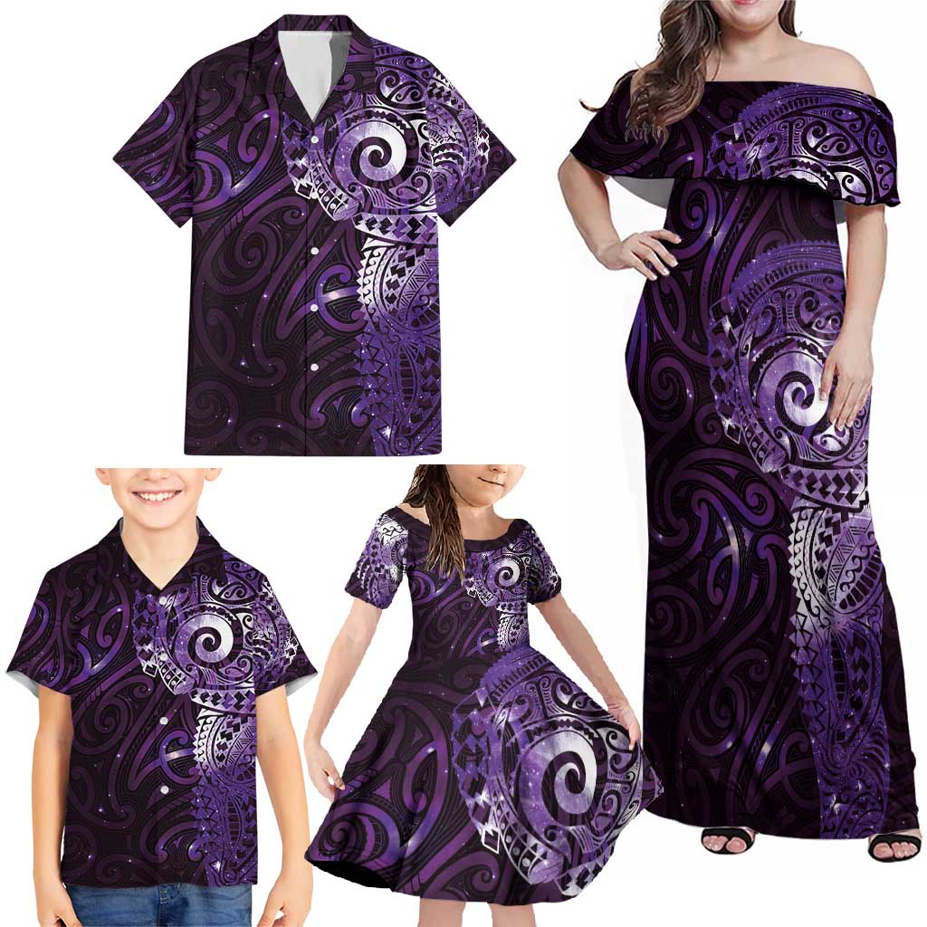 Matariki New Zealand Maori Koru Art Tattoo Family Matching Off Shoulder Maxi Dress and Hawaiian Shirt New Year Galaxy Purple Sky Style LT03 - Polynesian Pride