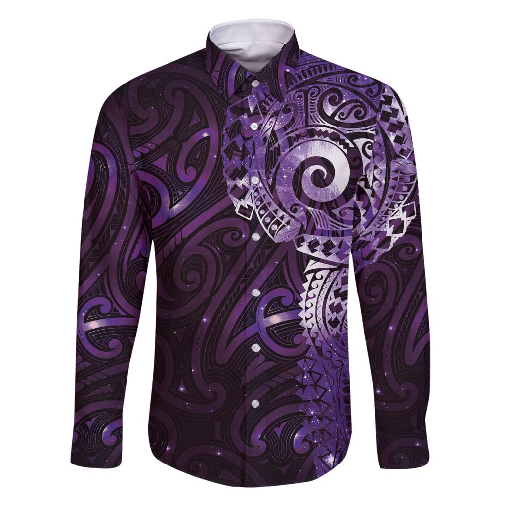 Matariki New Zealand Maori Koru Art Tattoo Family Matching Off Shoulder Maxi Dress and Hawaiian Shirt New Year Galaxy Purple Sky Style LT03 Dad's Shirt - Long Sleeve Purple - Polynesian Pride