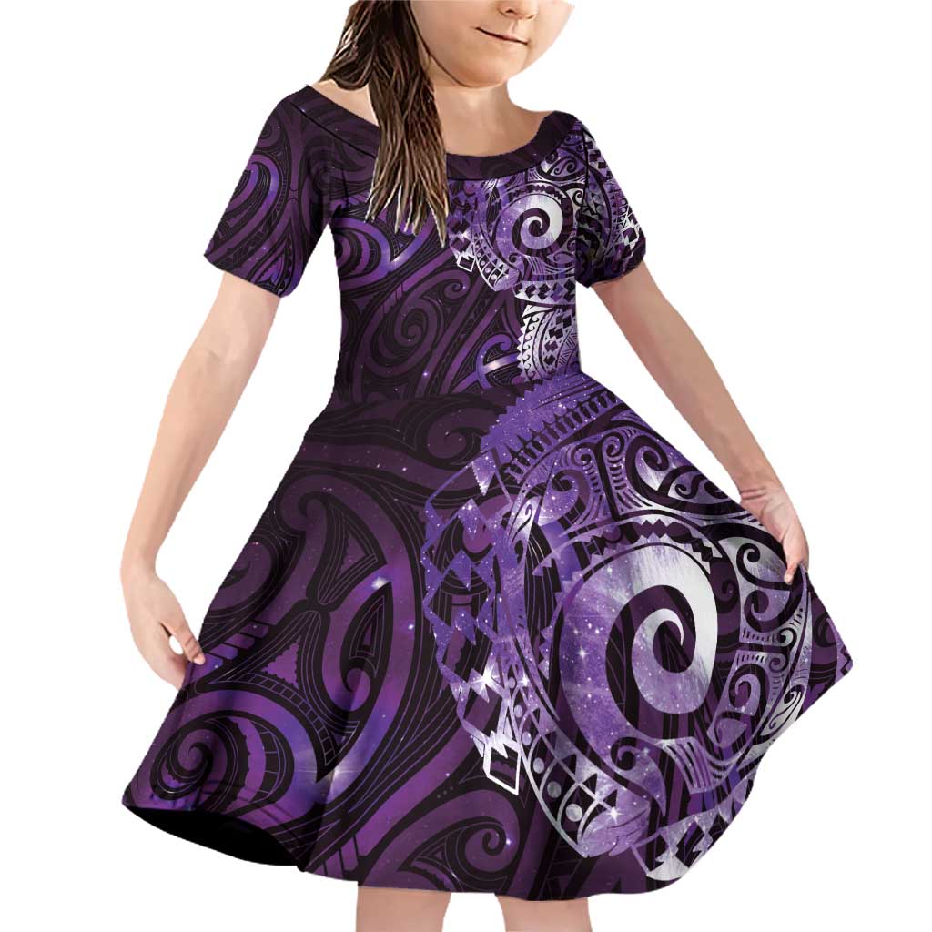 Matariki New Zealand Maori Koru Art Tattoo Family Matching Off Shoulder Short Dress and Hawaiian Shirt New Year Galaxy Purple Sky Style LT03 Daughter's Dress Purple - Polynesian Pride