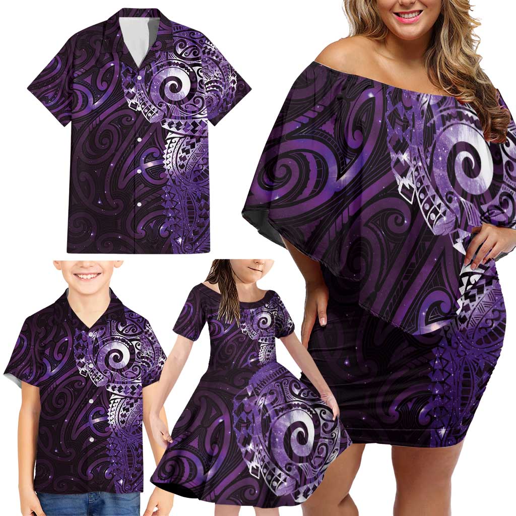 Matariki New Zealand Maori Koru Art Tattoo Family Matching Off Shoulder Short Dress and Hawaiian Shirt New Year Galaxy Purple Sky Style LT03 - Polynesian Pride