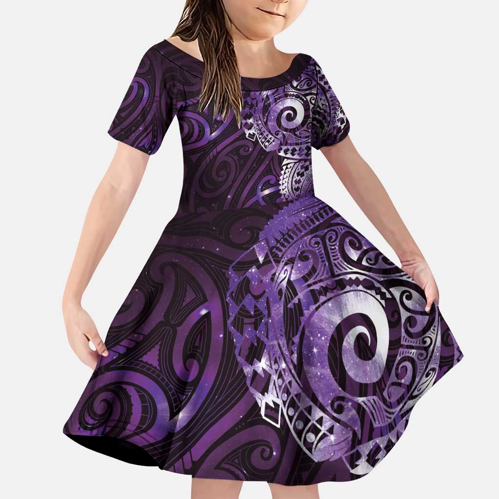 Matariki New Zealand Maori Koru Art Tattoo Family Matching Puletasi and Hawaiian Shirt New Year Galaxy Purple Sky Style LT03 Daughter's Dress Purple - Polynesian Pride