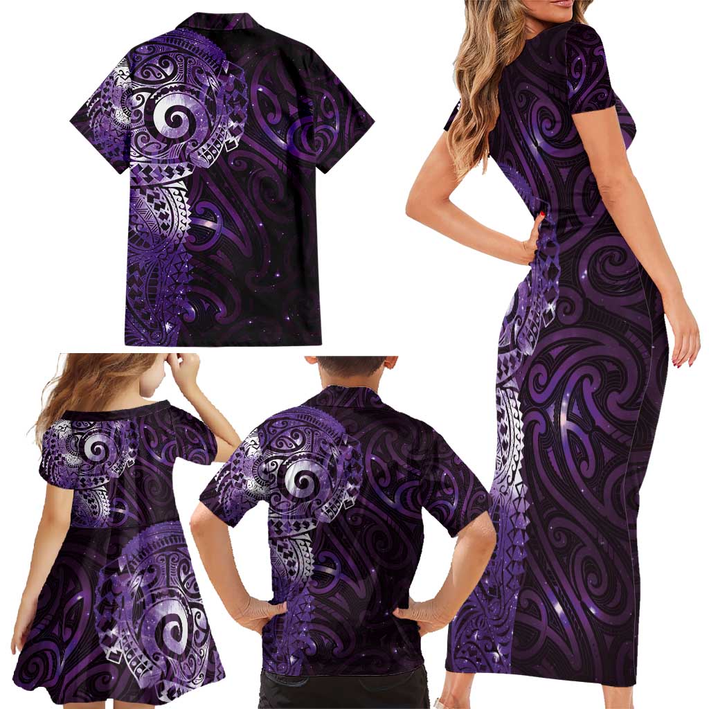 Matariki New Zealand Maori Koru Art Tattoo Family Matching Short Sleeve Bodycon Dress and Hawaiian Shirt New Year Galaxy Purple Sky Style LT03 - Polynesian Pride