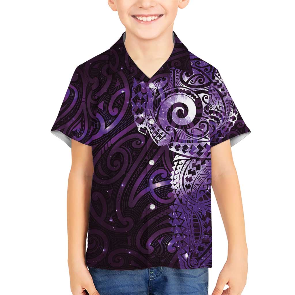 Matariki New Zealand Maori Koru Art Tattoo Family Matching Short Sleeve Bodycon Dress and Hawaiian Shirt New Year Galaxy Purple Sky Style LT03 Son's Shirt Purple - Polynesian Pride