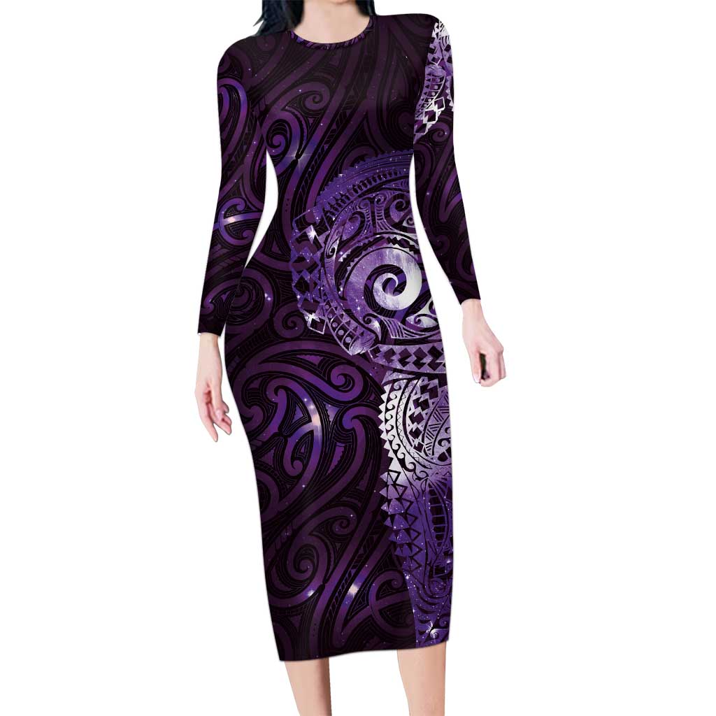 Matariki New Zealand Maori Koru Art Tattoo Long Sleeve Bodycon Dress New Year Galaxy Purple Sky Style LT03 Long Dress Purple - Polynesian Pride