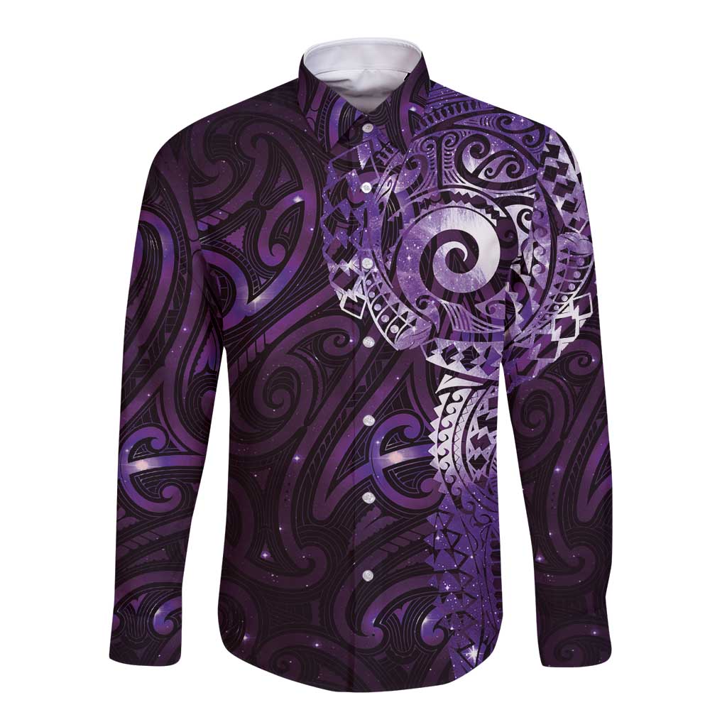 Matariki New Zealand Maori Koru Art Tattoo Long Sleeve Button Shirt New Year Galaxy Purple Sky Style LT03 Unisex Purple - Polynesian Pride