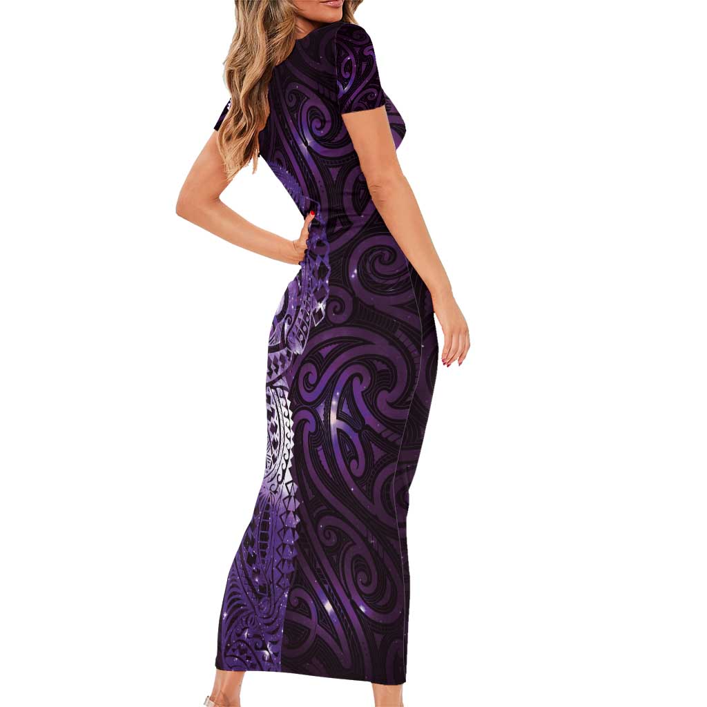 Matariki New Zealand Maori Koru Art Tattoo Short Sleeve Bodycon Dress New Year Galaxy Purple Sky Style LT03 - Polynesian Pride