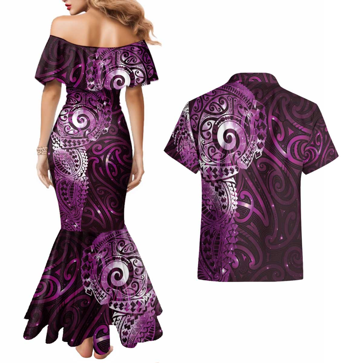 Matariki New Zealand Maori Koru Art Tattoo Couples Matching Mermaid Dress and Hawaiian Shirt New Year Galaxy Pink Sky Style LT03 - Polynesian Pride