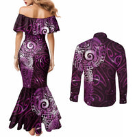 Matariki New Zealand Maori Koru Art Tattoo Couples Matching Mermaid Dress and Long Sleeve Button Shirt New Year Galaxy Pink Sky Style LT03 - Polynesian Pride