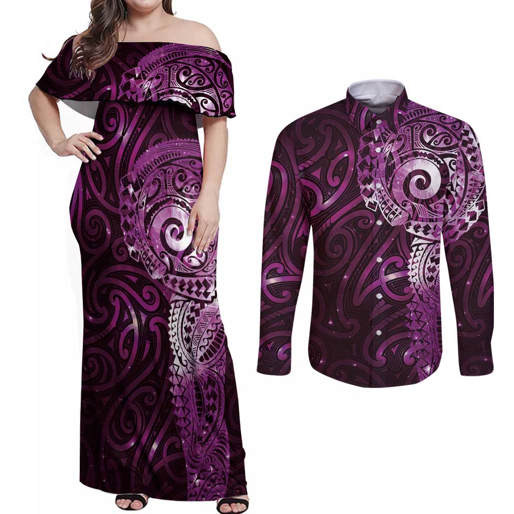 Matariki New Zealand Maori Koru Art Tattoo Couples Matching Off Shoulder Maxi Dress and Long Sleeve Button Shirt New Year Galaxy Pink Sky Style LT03 Pink - Polynesian Pride