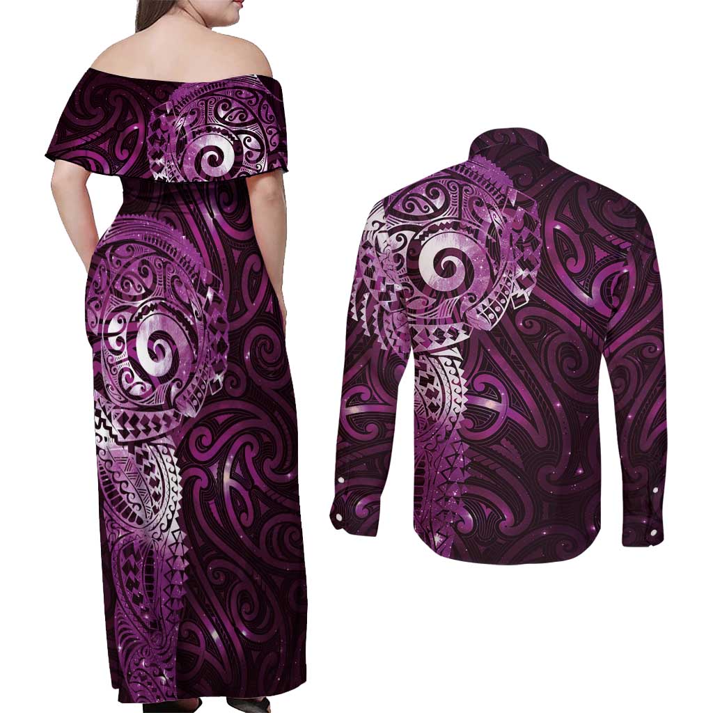Matariki New Zealand Maori Koru Art Tattoo Couples Matching Off Shoulder Maxi Dress and Long Sleeve Button Shirt New Year Galaxy Pink Sky Style LT03 - Polynesian Pride