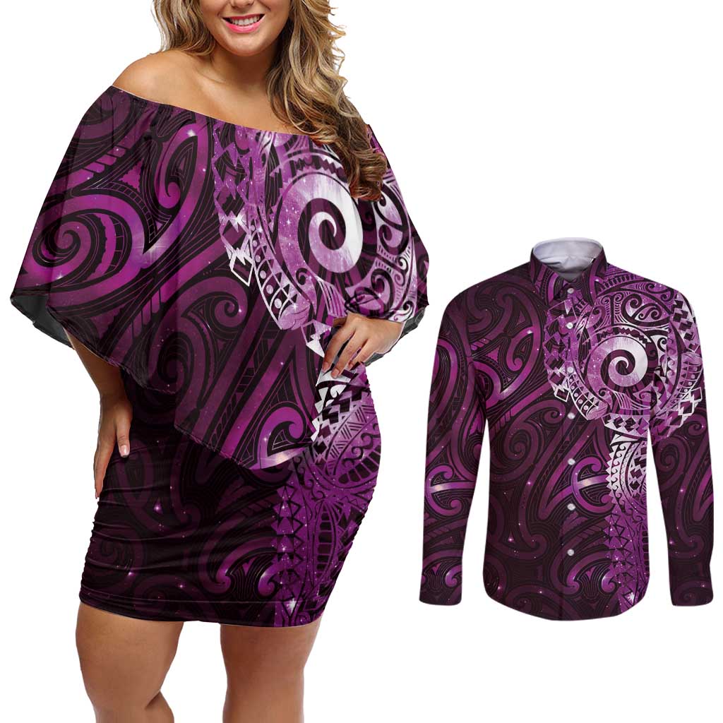 Matariki New Zealand Maori Koru Art Tattoo Couples Matching Off Shoulder Short Dress and Long Sleeve Button Shirt New Year Galaxy Pink Sky Style LT03 Pink - Polynesian Pride