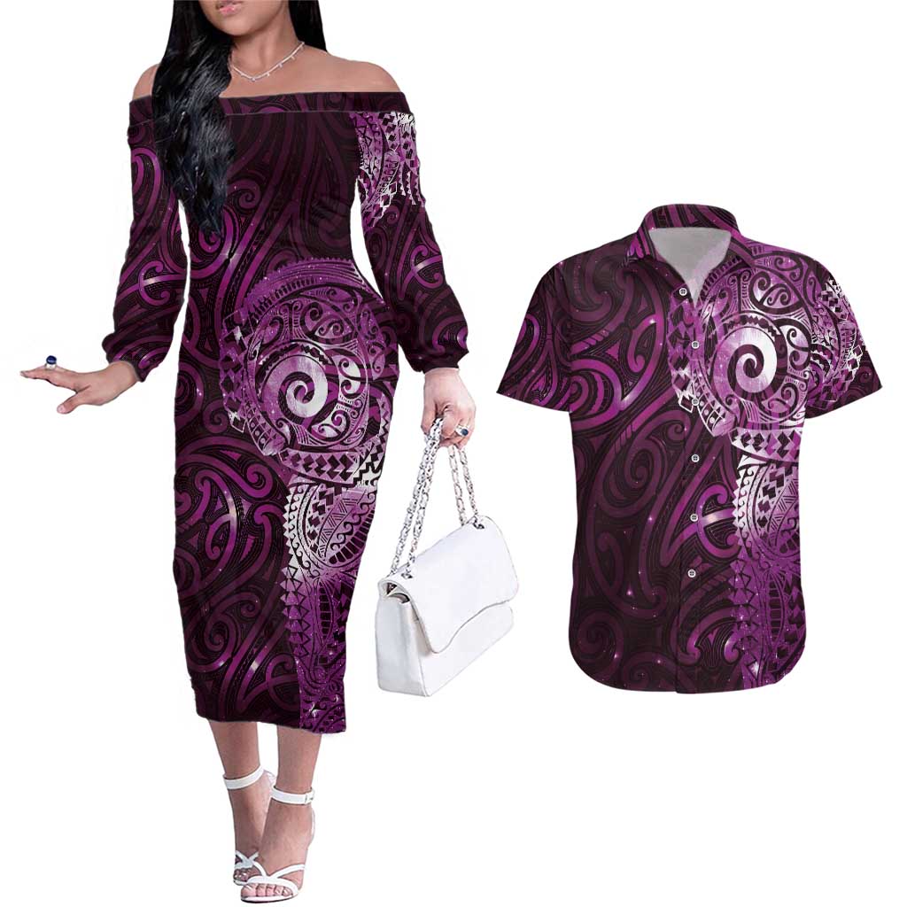 Matariki New Zealand Maori Koru Art Tattoo Couples Matching Off The Shoulder Long Sleeve Dress and Hawaiian Shirt New Year Galaxy Pink Sky Style LT03 Pink - Polynesian Pride