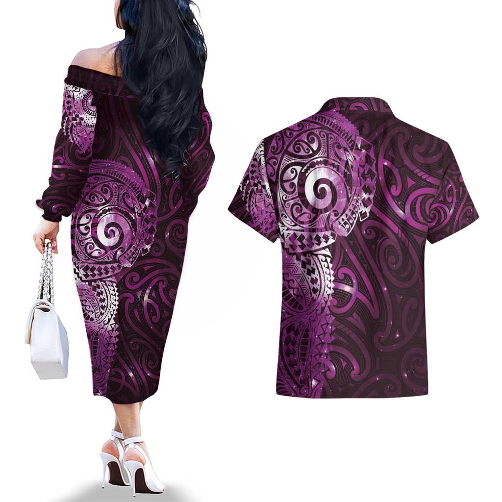 Matariki New Zealand Maori Koru Art Tattoo Couples Matching Off The Shoulder Long Sleeve Dress and Hawaiian Shirt New Year Galaxy Pink Sky Style LT03 - Polynesian Pride