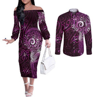 Matariki New Zealand Maori Koru Art Tattoo Couples Matching Off The Shoulder Long Sleeve Dress and Long Sleeve Button Shirt New Year Galaxy Pink Sky Style LT03 Pink - Polynesian Pride