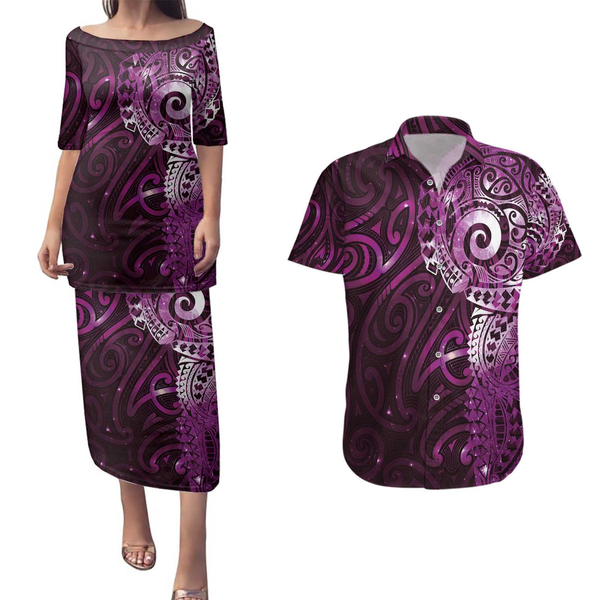 Matariki New Zealand Maori Koru Art Tattoo Couples Matching Puletasi and Hawaiian Shirt New Year Galaxy Pink Sky Style LT03 Pink - Polynesian Pride