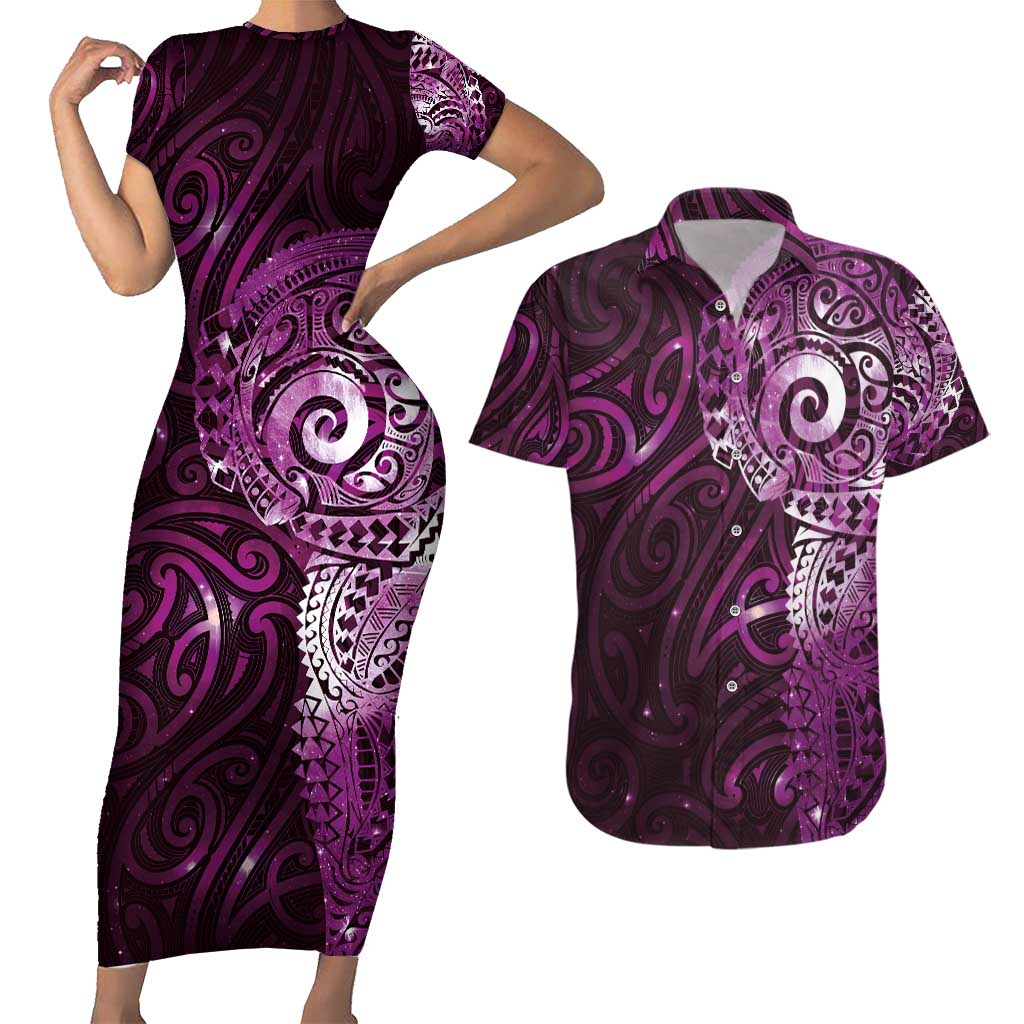 Matariki New Zealand Maori Koru Art Tattoo Couples Matching Short Sleeve Bodycon Dress and Hawaiian Shirt New Year Galaxy Pink Sky Style LT03 Pink - Polynesian Pride