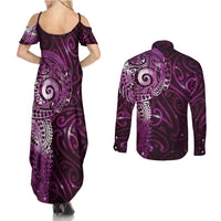 Matariki New Zealand Maori Koru Art Tattoo Couples Matching Summer Maxi Dress and Long Sleeve Button Shirt New Year Galaxy Pink Sky Style LT03 - Polynesian Pride