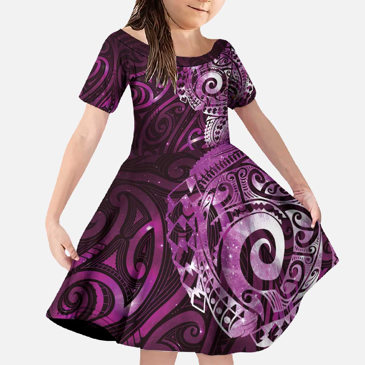Matariki New Zealand Maori Koru Art Tattoo Family Matching Off The Shoulder Long Sleeve Dress and Hawaiian Shirt New Year Galaxy Pink Sky Style LT03 Daughter's Dress Pink - Polynesian Pride