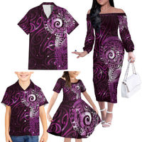 Matariki New Zealand Maori Koru Art Tattoo Family Matching Off The Shoulder Long Sleeve Dress and Hawaiian Shirt New Year Galaxy Pink Sky Style LT03 - Polynesian Pride