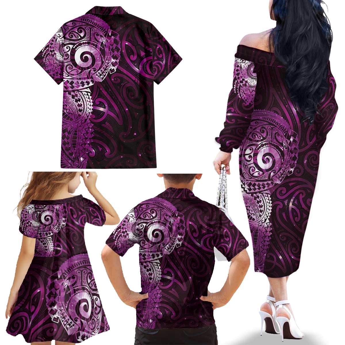 Matariki New Zealand Maori Koru Art Tattoo Family Matching Off The Shoulder Long Sleeve Dress and Hawaiian Shirt New Year Galaxy Pink Sky Style LT03 - Polynesian Pride