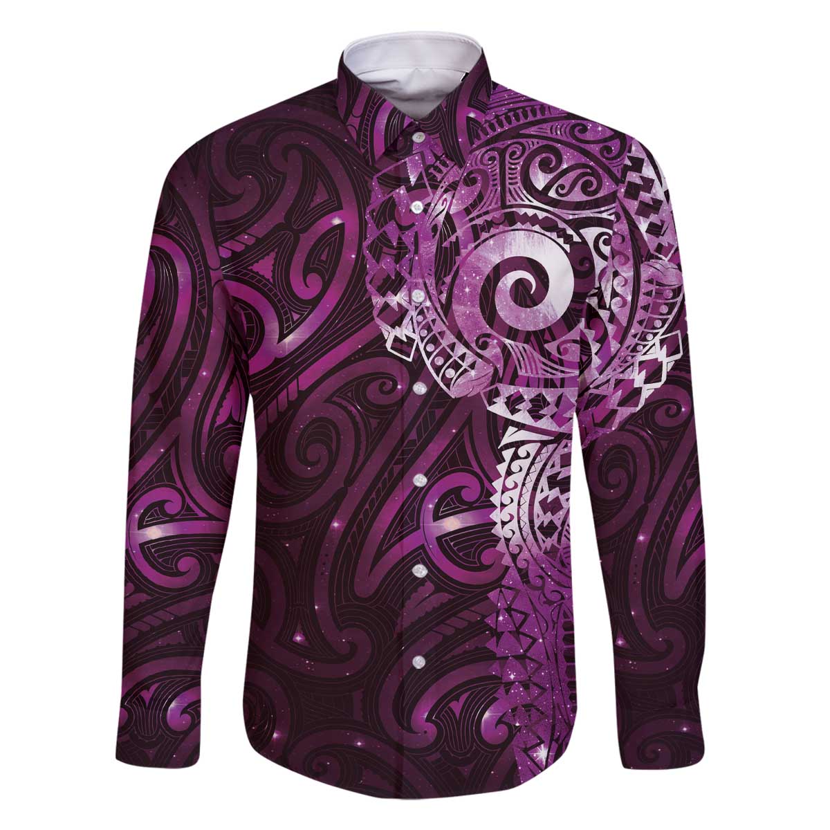 Matariki New Zealand Maori Koru Art Tattoo Family Matching Off The Shoulder Long Sleeve Dress and Hawaiian Shirt New Year Galaxy Pink Sky Style LT03 Dad's Shirt - Long Sleeve Pink - Polynesian Pride