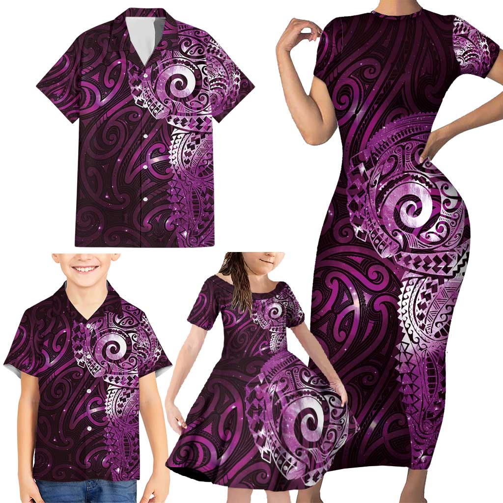 Matariki New Zealand Maori Koru Art Tattoo Family Matching Short Sleeve Bodycon Dress and Hawaiian Shirt New Year Galaxy Pink Sky Style LT03 - Polynesian Pride
