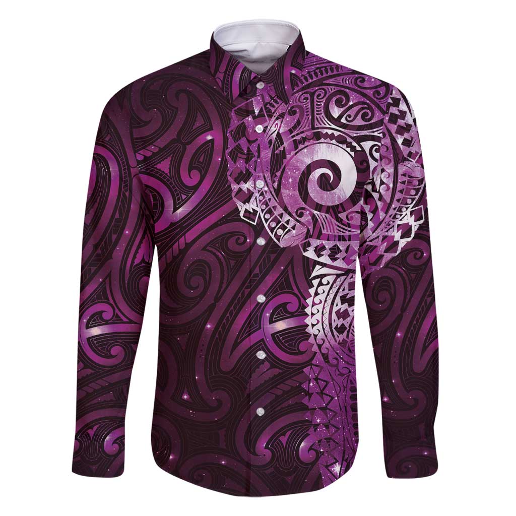 Matariki New Zealand Maori Koru Art Tattoo Family Matching Summer Maxi Dress and Hawaiian Shirt New Year Galaxy Pink Sky Style LT03 Dad's Shirt - Long Sleeve Pink - Polynesian Pride