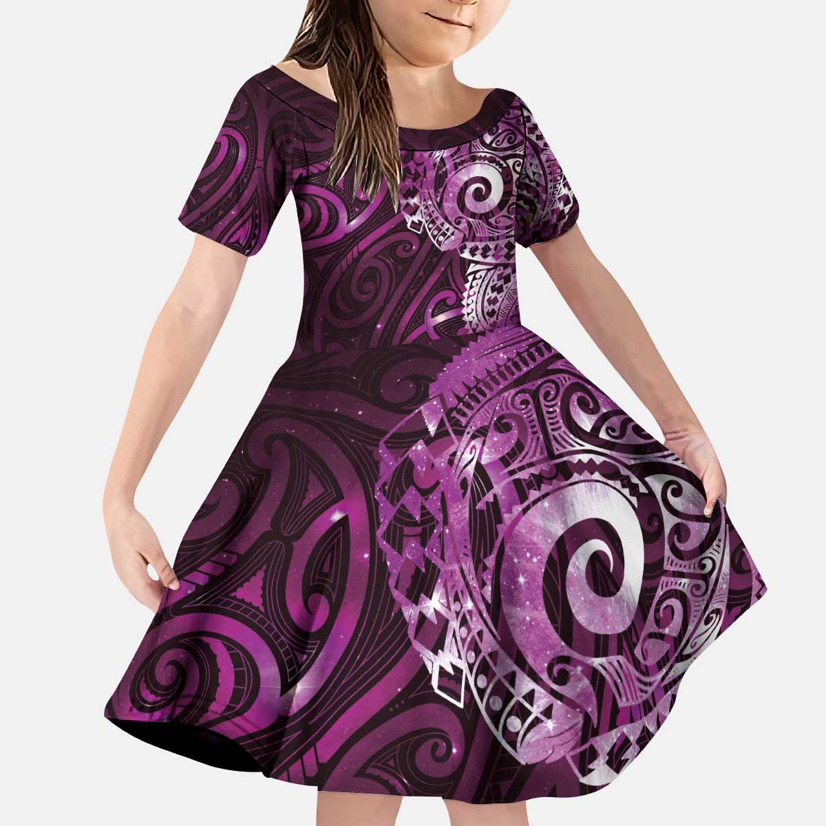 Matariki New Zealand Maori Koru Art Tattoo Kid Short Sleeve Dress New Year Galaxy Pink Sky Style LT03 KID Pink - Polynesian Pride