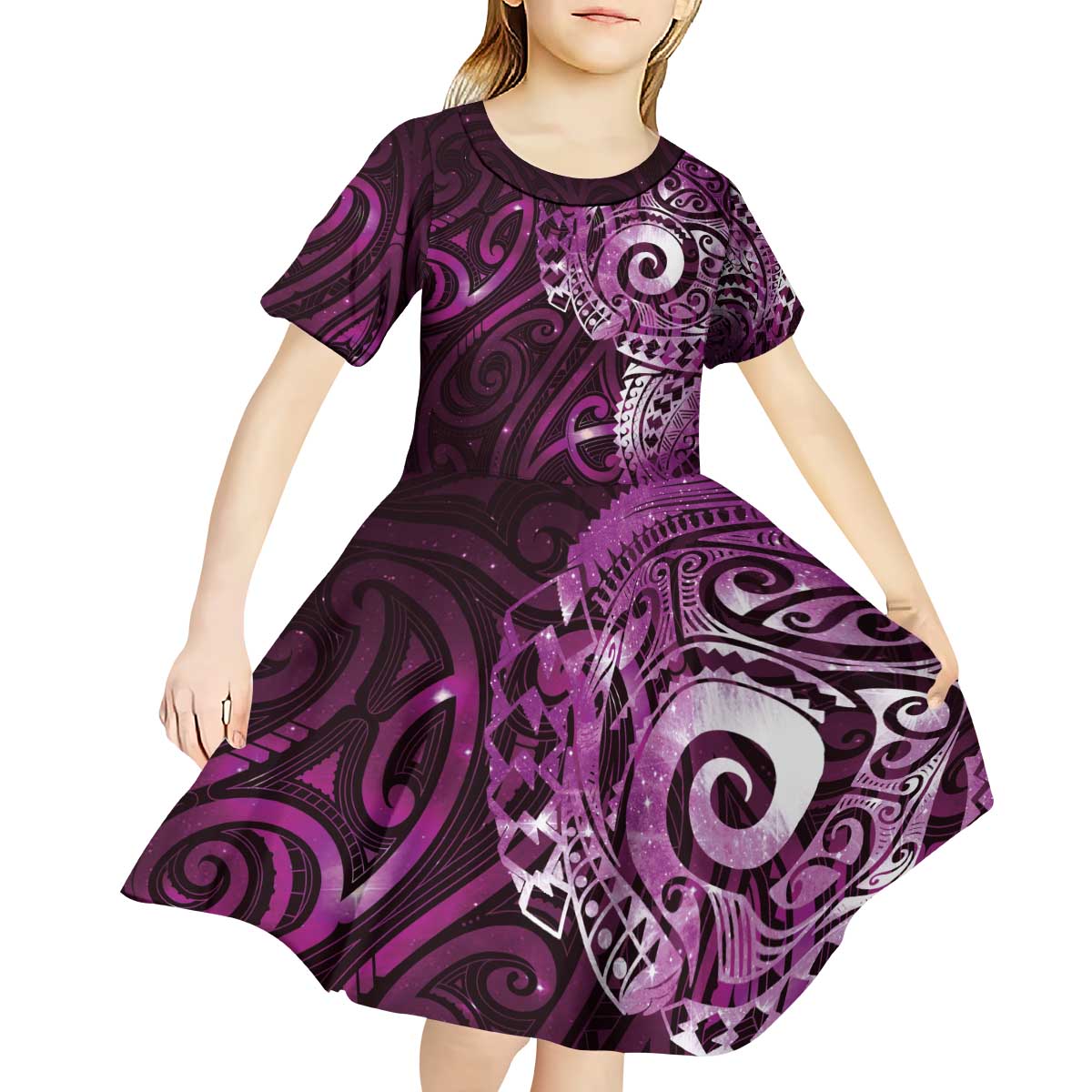Matariki New Zealand Maori Koru Art Tattoo Kid Short Sleeve Dress New Year Galaxy Pink Sky Style LT03 - Polynesian Pride