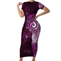 Matariki New Zealand Maori Koru Art Tattoo Short Sleeve Bodycon Dress New Year Galaxy Pink Sky Style LT03 Long Dress Pink - Polynesian Pride