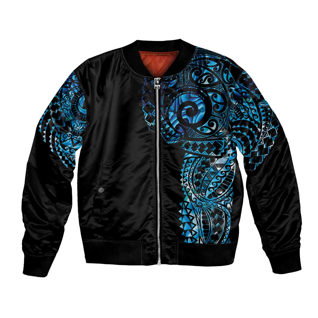 New Zealand Maori Koru Art Traditional Tattoo Bomber Jacket Paua Shell LT03 Unisex Black - Polynesian Pride