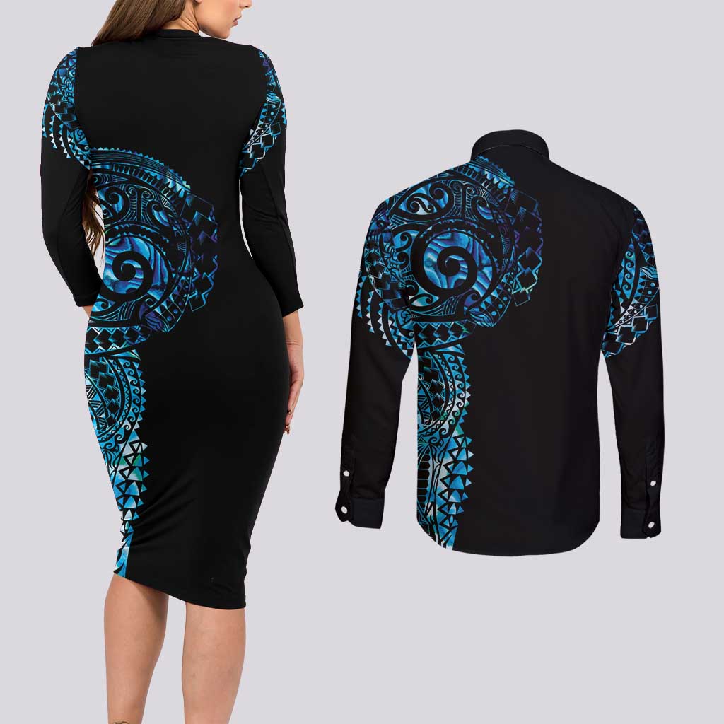 New Zealand Maori Koru Art Traditional Tattoo Couples Matching Long Sleeve Bodycon Dress and Long Sleeve Button Shirt Paua Shell LT03 - Polynesian Pride