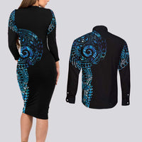New Zealand Maori Koru Art Traditional Tattoo Couples Matching Long Sleeve Bodycon Dress and Long Sleeve Button Shirt Paua Shell LT03 - Polynesian Pride