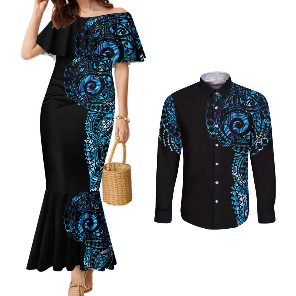 New Zealand Maori Koru Art Traditional Tattoo Couples Matching Mermaid Dress and Long Sleeve Button Shirt Paua Shell LT03 Black - Polynesian Pride