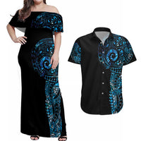 New Zealand Maori Koru Art Traditional Tattoo Couples Matching Off Shoulder Maxi Dress and Hawaiian Shirt Paua Shell LT03 Black - Polynesian Pride