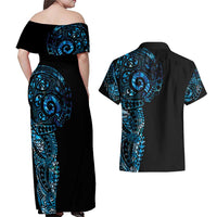 New Zealand Maori Koru Art Traditional Tattoo Couples Matching Off Shoulder Maxi Dress and Hawaiian Shirt Paua Shell LT03 - Polynesian Pride