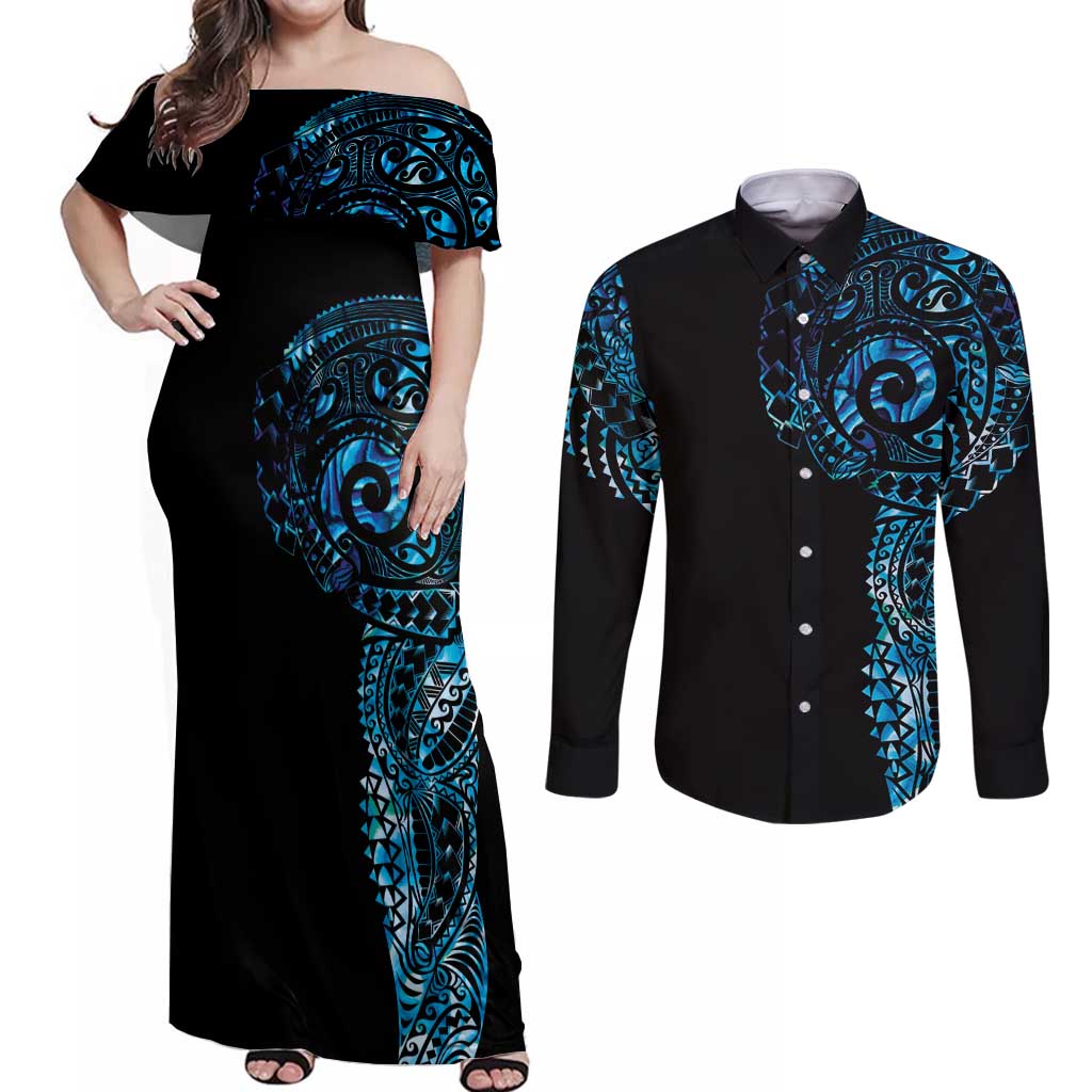 New Zealand Maori Koru Art Traditional Tattoo Couples Matching Off Shoulder Maxi Dress and Long Sleeve Button Shirt Paua Shell LT03 Black - Polynesian Pride