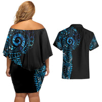 New Zealand Maori Koru Art Traditional Tattoo Couples Matching Off Shoulder Short Dress and Hawaiian Shirt Paua Shell LT03 - Polynesian Pride