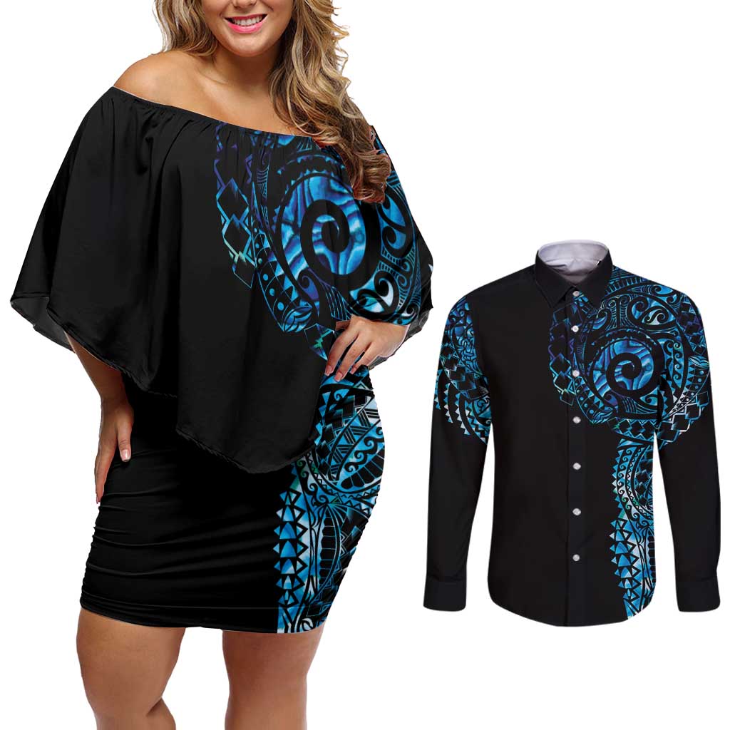 New Zealand Maori Koru Art Traditional Tattoo Couples Matching Off Shoulder Short Dress and Long Sleeve Button Shirt Paua Shell LT03 Black - Polynesian Pride